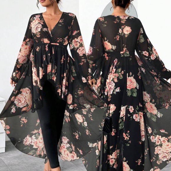 2pcs Set elegant black background large floral Chiffon Swing Tunic & Leggings - Picture 1 of 6